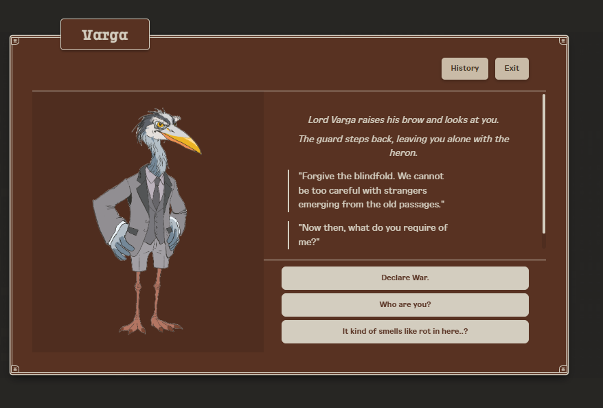 Dialogue overlay with a painted heron character in a suit on the left and narration plus dialogue on the right