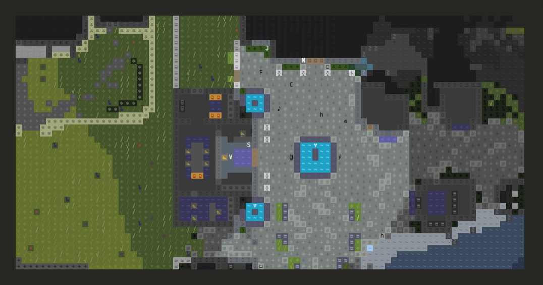 Gameplay: the world rendered entirely in coloured squares and punctuation marks, with the player marked near a shoreline