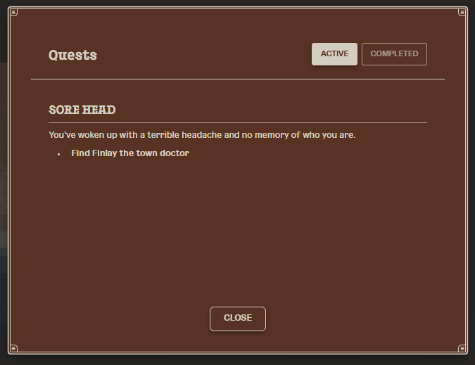 Quest tracker showing an active quest titled Sore Head, with a description and a Find Finlay the town doctor step