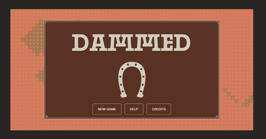 The Dammed title screen: the word DAMMED above a horseshoe, on a brown panel bordered in cream
