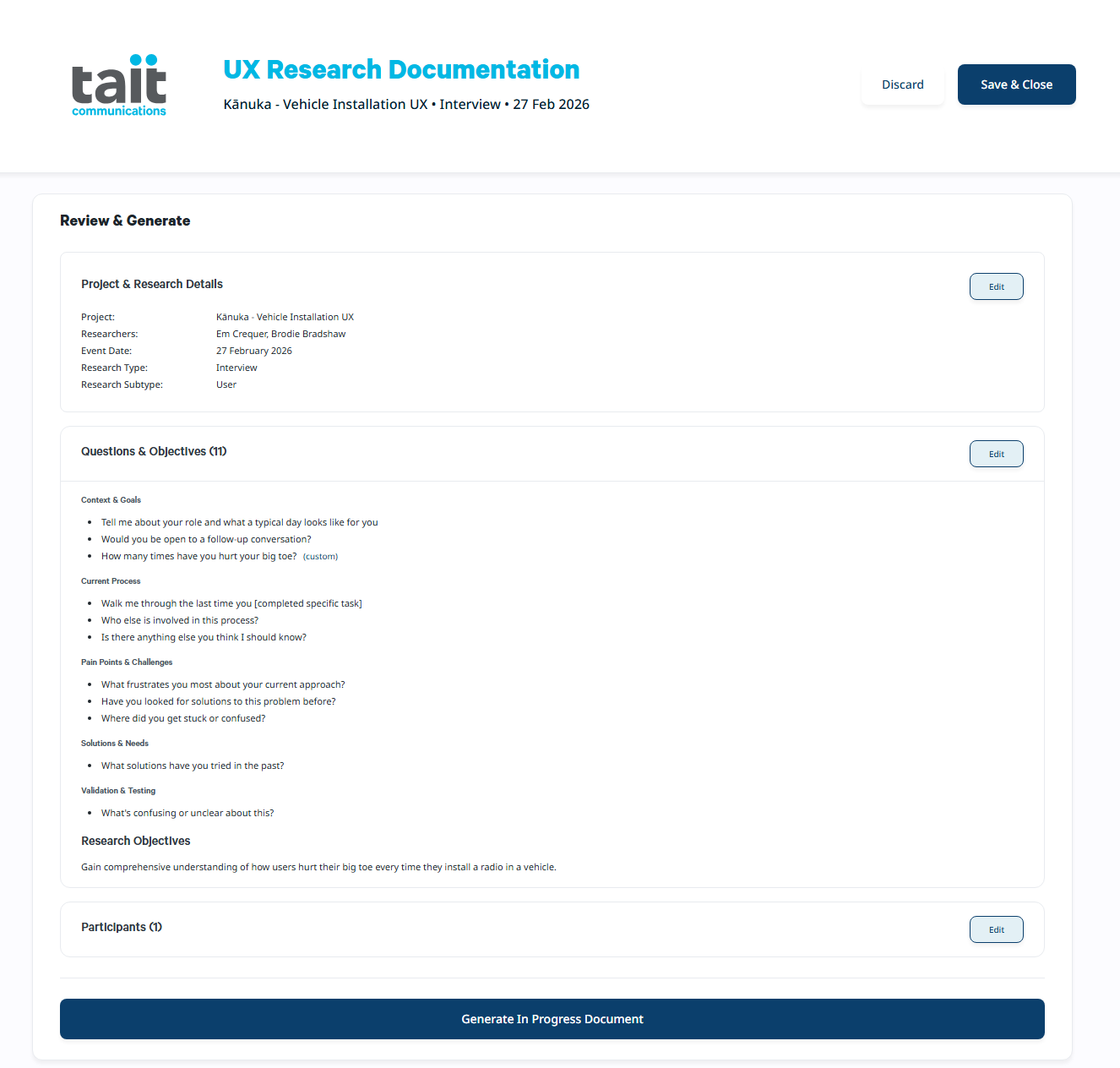 Review and Generate screen showing full session summary before document generation