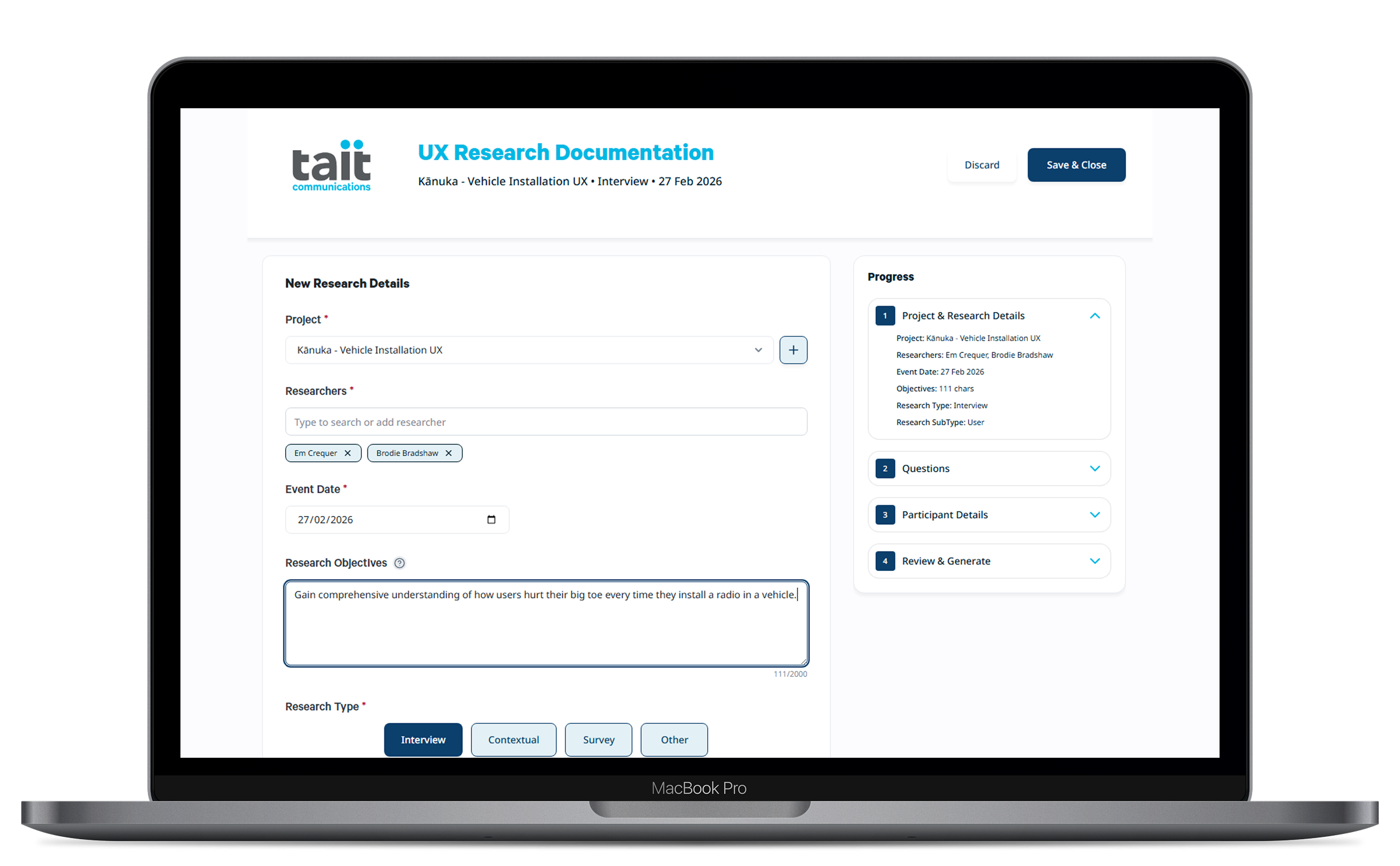 The New Research Details screen, showing the project setup form with research type and objectives